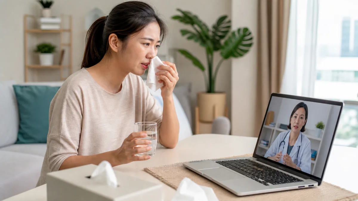 Singapore patient with mild nasal allergy symptoms speaking to an online doctor