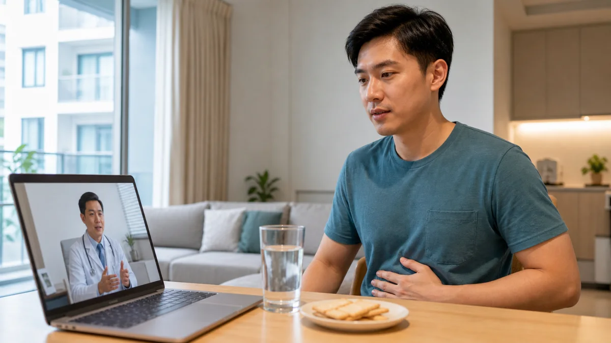 Singapore patient with mild stomach discomfort speaking to a doctor through a teleconsult