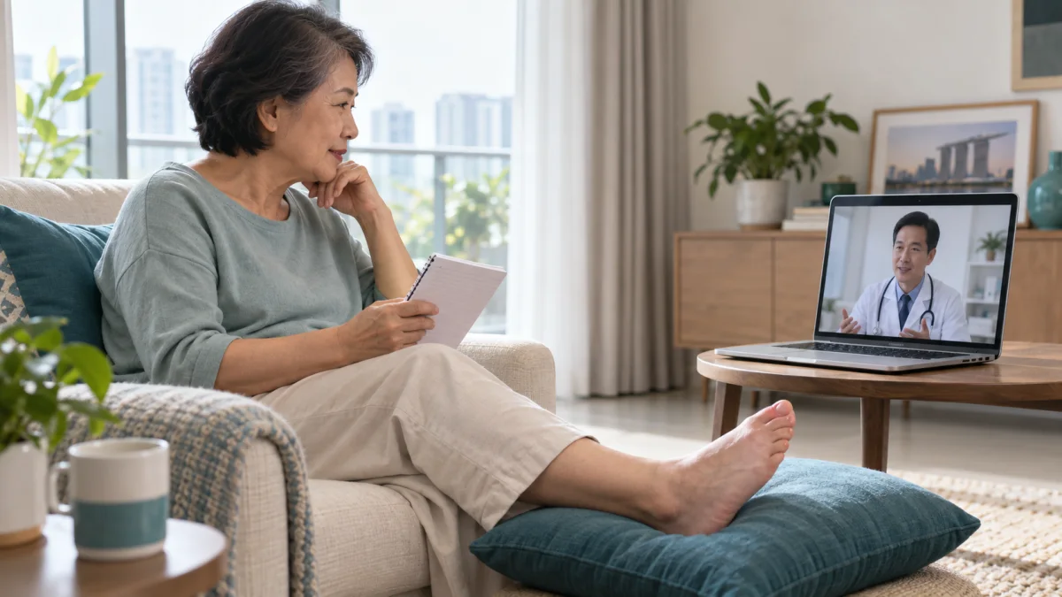Singapore woman discussing a mild familiar big-toe gout flare with a doctor by video