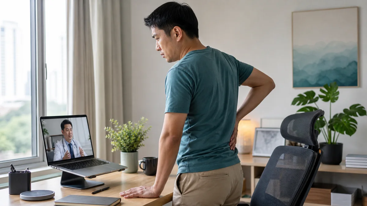 Singapore office worker discussing mild lower-back strain with a doctor by telemedicine